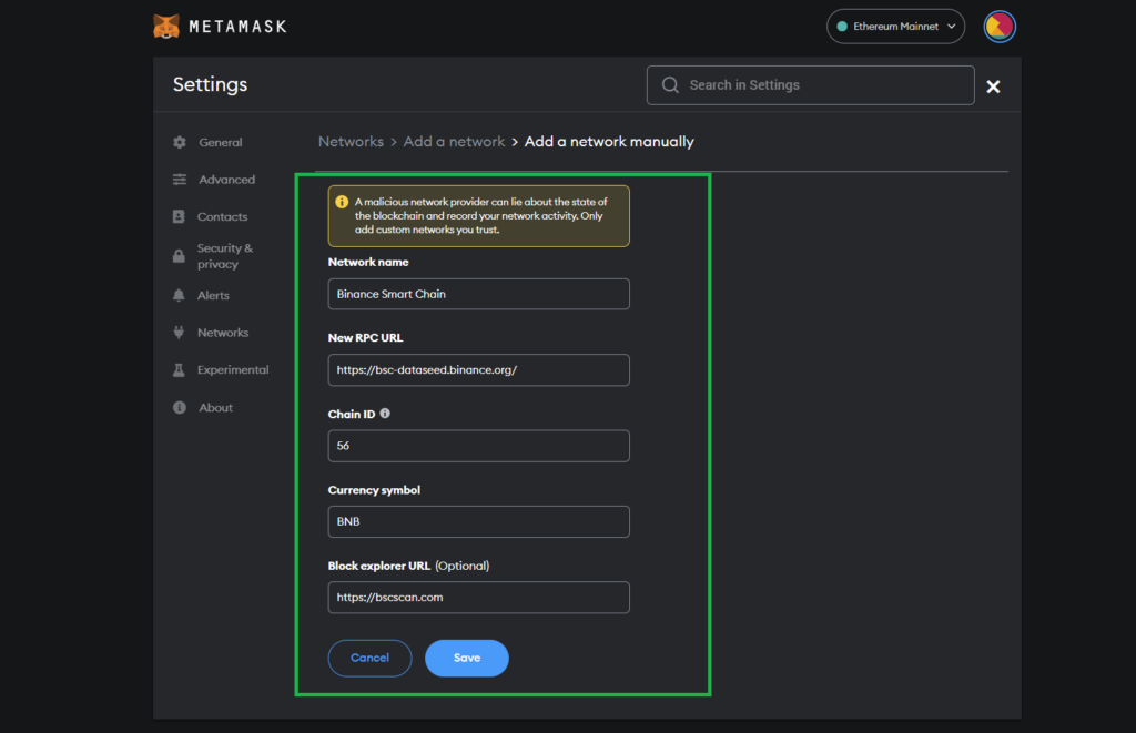 Thêm mạng BSC vào Metamask